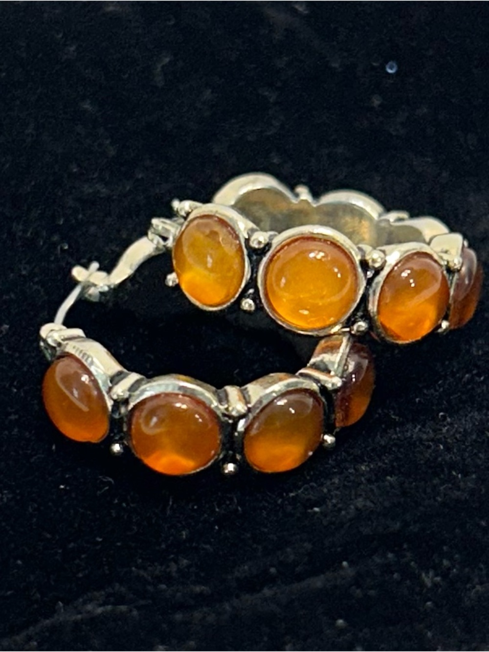 VTG LC Signed Liz Claiborne Hoop Pierced Earrings Amber Color Cabochons 80s Rare